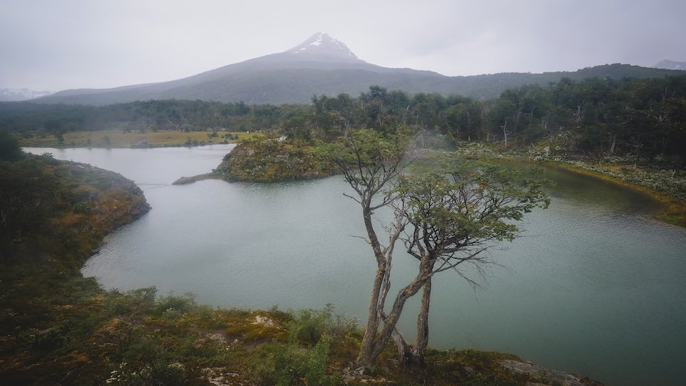 Visiting Lapataia Bay on a raindy day in Tierra del Fuego National Park in Ushuaia, Argentina 