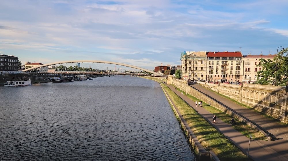 Vistula river from overhead vantage point for leisure and recreation in Krakow, Poland 