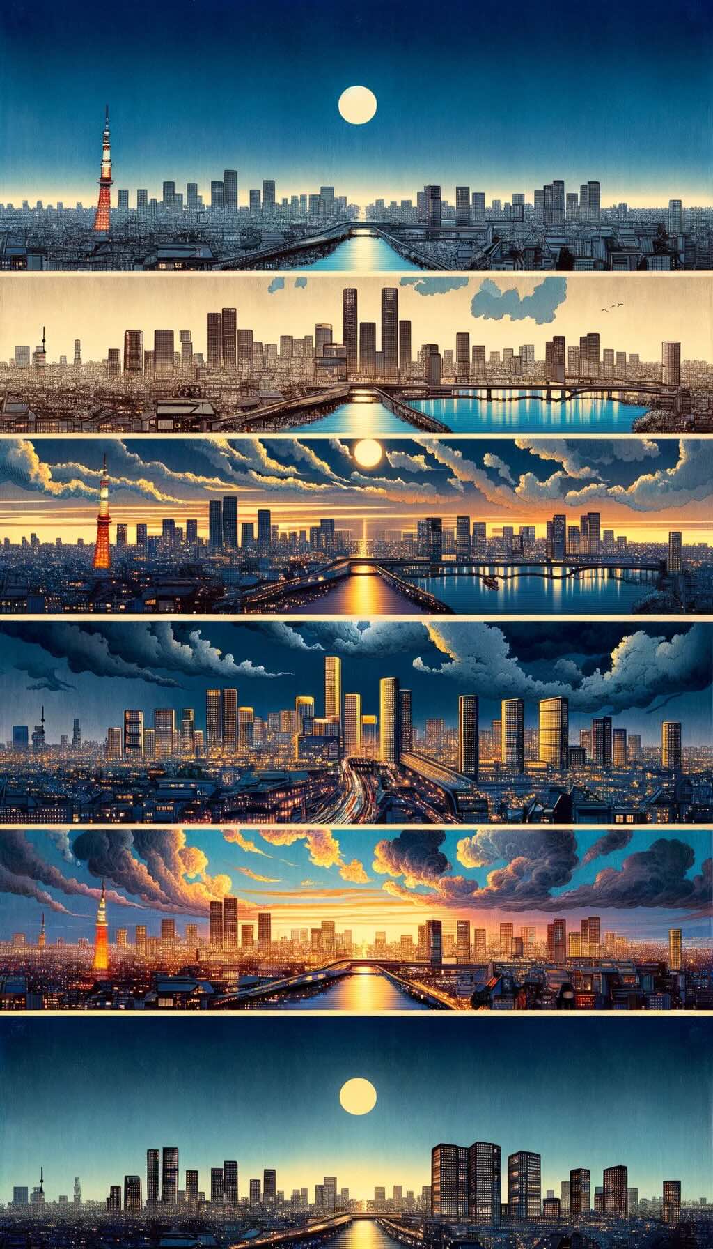 Visual guide for the best viewing experience of Tokyo's skyline depicts the city at different times of the day, capturing the changing ambiance from clear daytime views to the serene twilight and the vibrant energy of the night. The piece subtly incorporates elements like cameras and tripods, symbolizing photography tips and considerations for timing and weather.