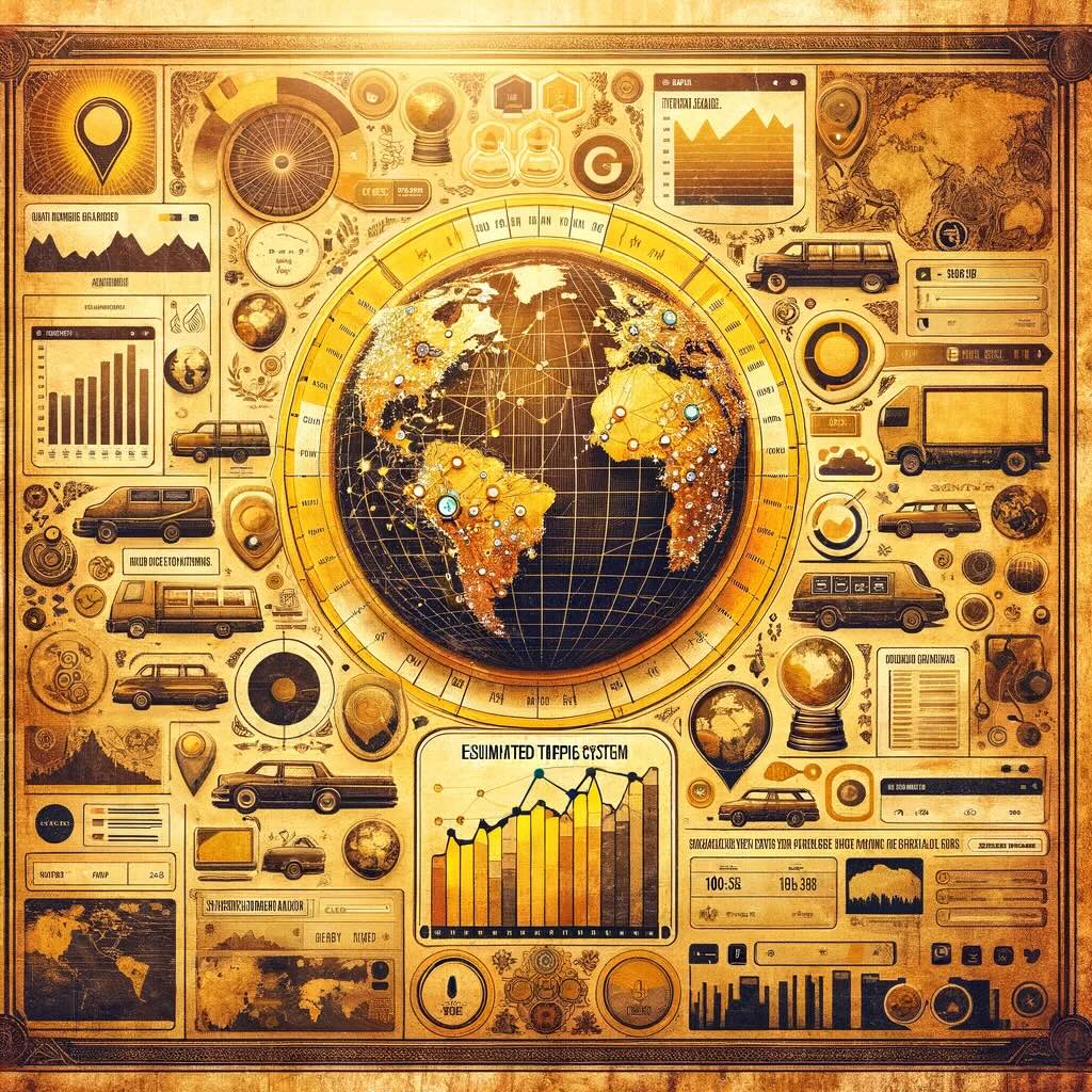 Visual representation of the 'Compete Ranking System,' artistically blending vintage travel aesthetics with modern digital metrics, all styled in an old-school, super vintage design with a retro fade of yellow, brown, and gold