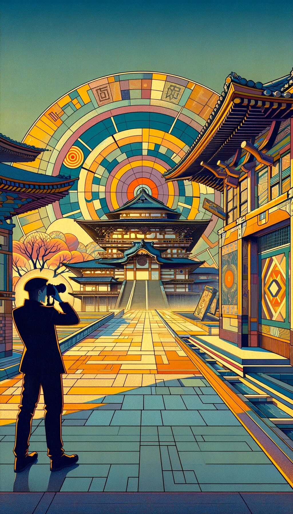 Visualizes the concept of photographing Japan's haunted sites with an ethical and culturally sensitive approach. It depicts a photographer capturing the haunting atmosphere, focusing on architectural and natural elements, highlighted with plays of light and shadows. Featuring bold colors and geometric shapes, dynamically represents the respectful practices involved in documenting these mysterious locations.