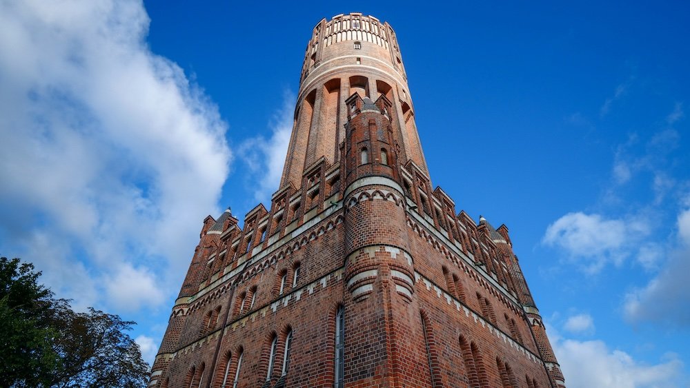 Water Tower from a ground level perspective looking up in Luneburg, Germany 