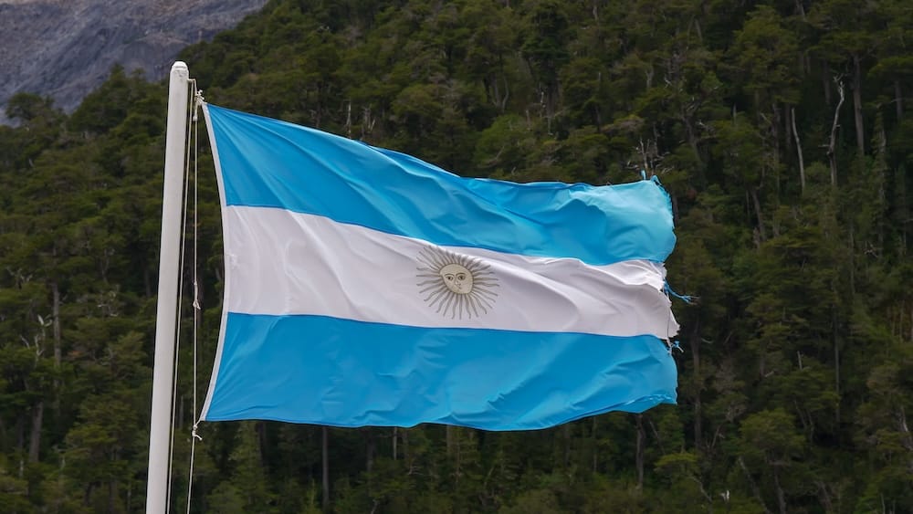 Weathered Argentine Flag in Nahuel Huapi National Park Showing Patagonia Wind and Rainforest Weather A weathered Argentine flag fluttering above the temperate rainforest near Puerto Blest in Nahuel Huapi National Park, showing how wind, rain and regional weather shape Patagonia month-by-month planning beyond simple calendar advice.
