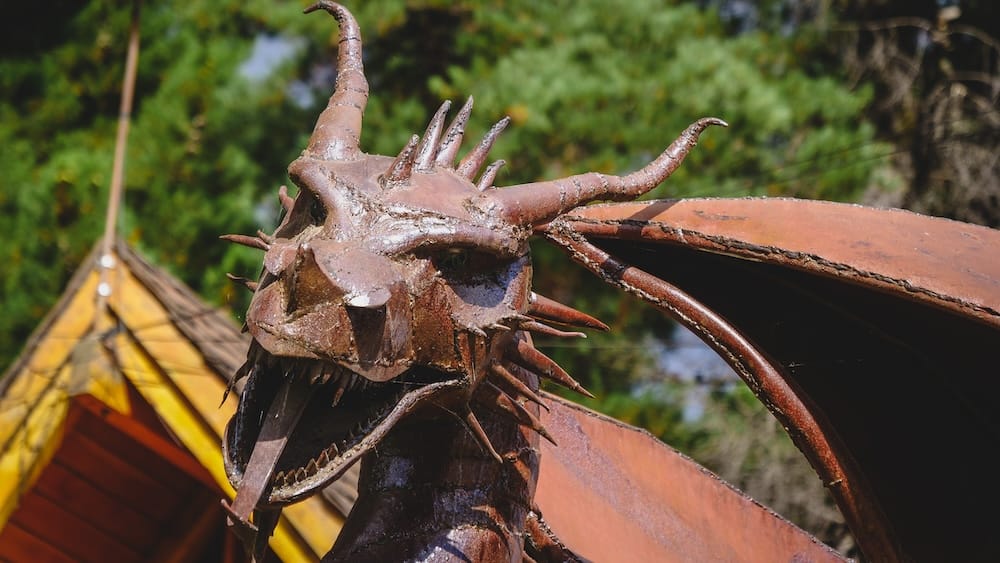 Welsh dragon sculpture in Trevelin Patagonia Argentina, symbolizing the strong Welsh heritage of the region where tea houses, traditions, and cultural identity have been preserved since early settlers arrived in Chubut