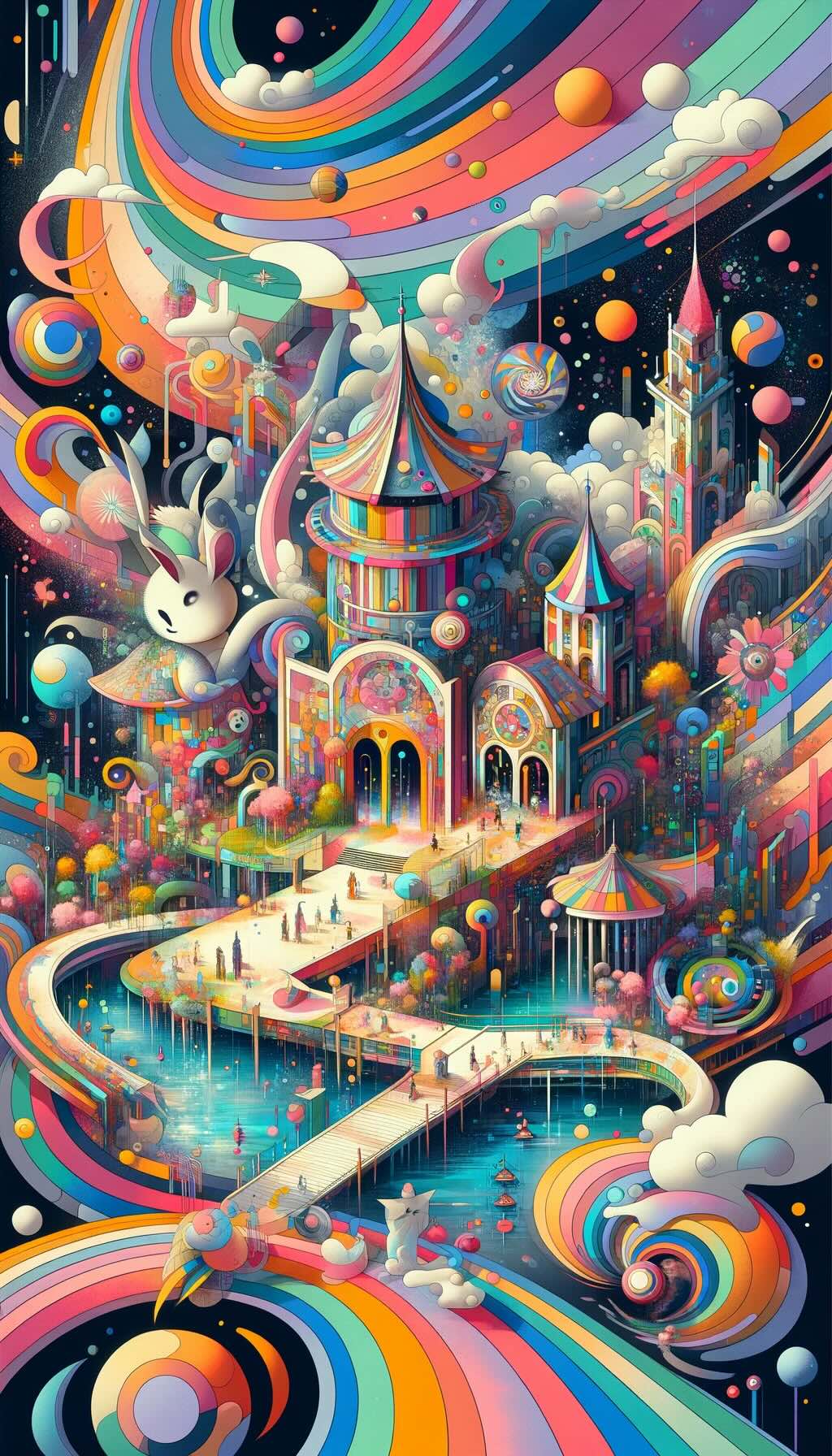 Whimsical and enchanting theme parks in Japan, focusing on the concept of parks that blend animation and fantasy themes. It visualizes a world where the boundaries between animation and reality blur, featuring elements that represent the imaginative and colorful aspects found in such parks incorporates abstract representations of fantastical structures, magical gardens, and characters that could inhabit these spaces, using vibrant colors, playful shapes, and fragmented perspectives. It conveys the wonder and joy of these unique theme park experiences.
