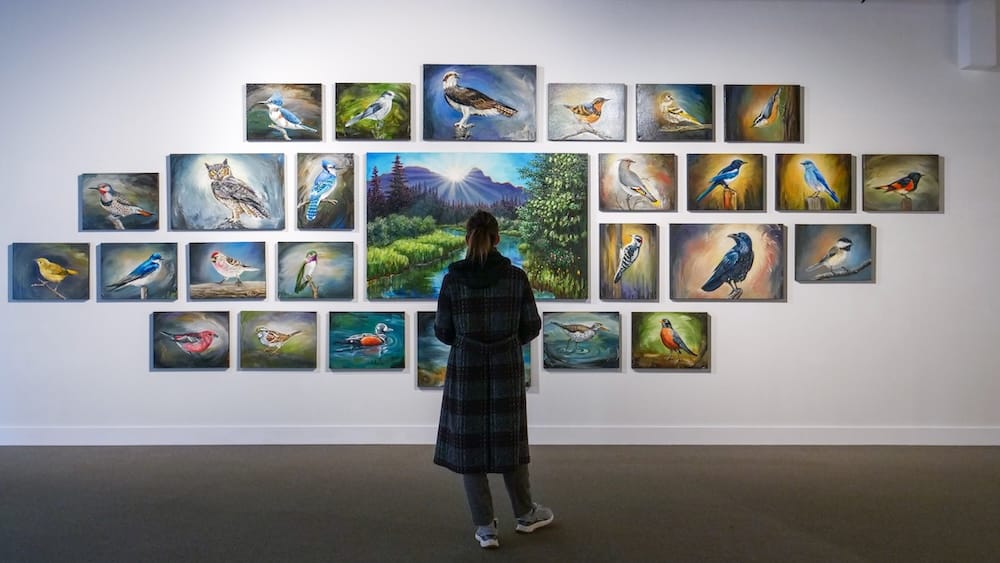 Audrey Bergner standing inside the Whyte Museum in Banff, Alberta, Canada, looking at a gallery wall filled with colourful bird paintings arranged around a larger Rocky Mountain landscape.