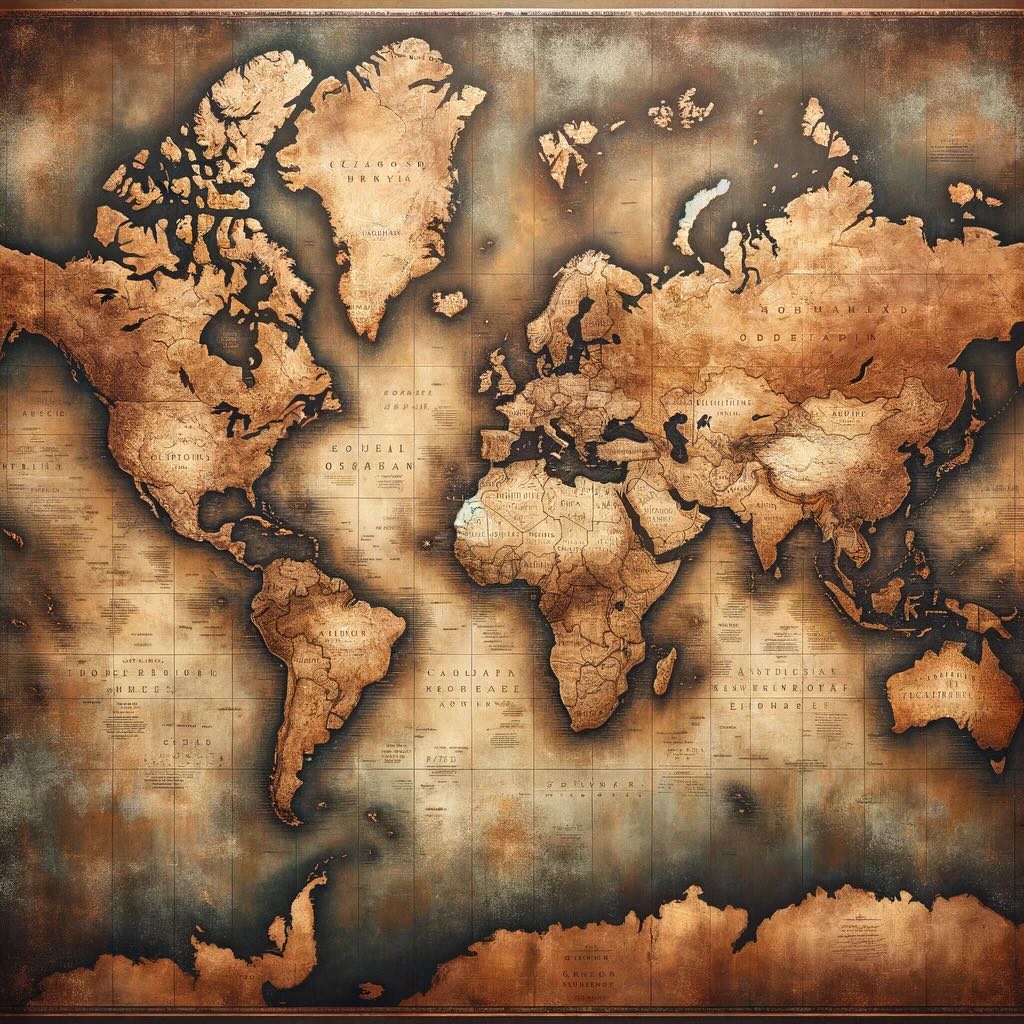 World map depicted in a retro, faded bronze style. It's designed with vintage elements and textures to give it an old-world charm, perfect for a sophisticated setting. Here are our city guides from around the world. 