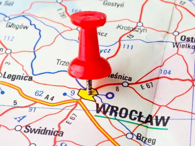 Wroclaw pinned on a map of Poland 