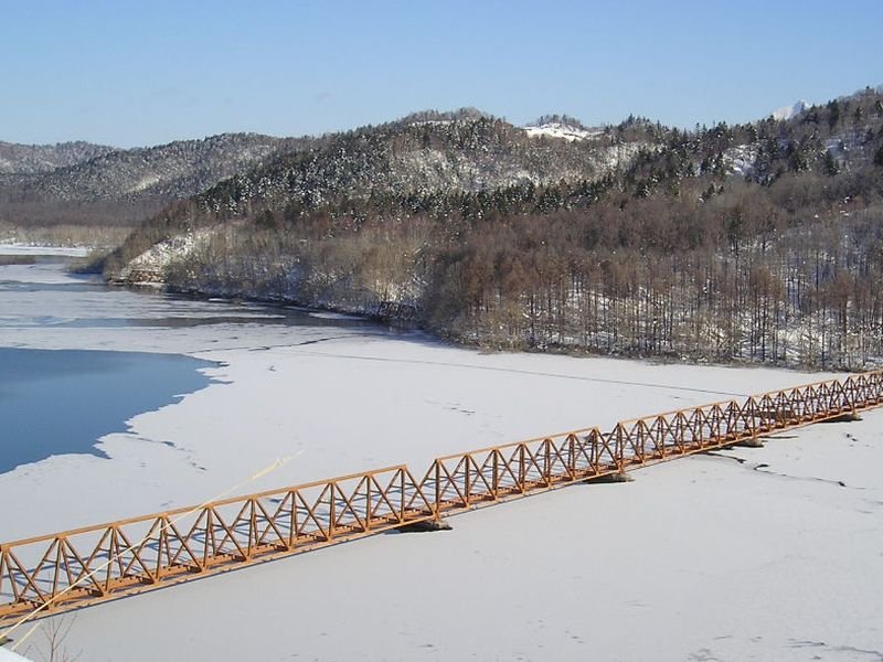 Yubari Phanton Bridge during the wintertime with snow in Japan 